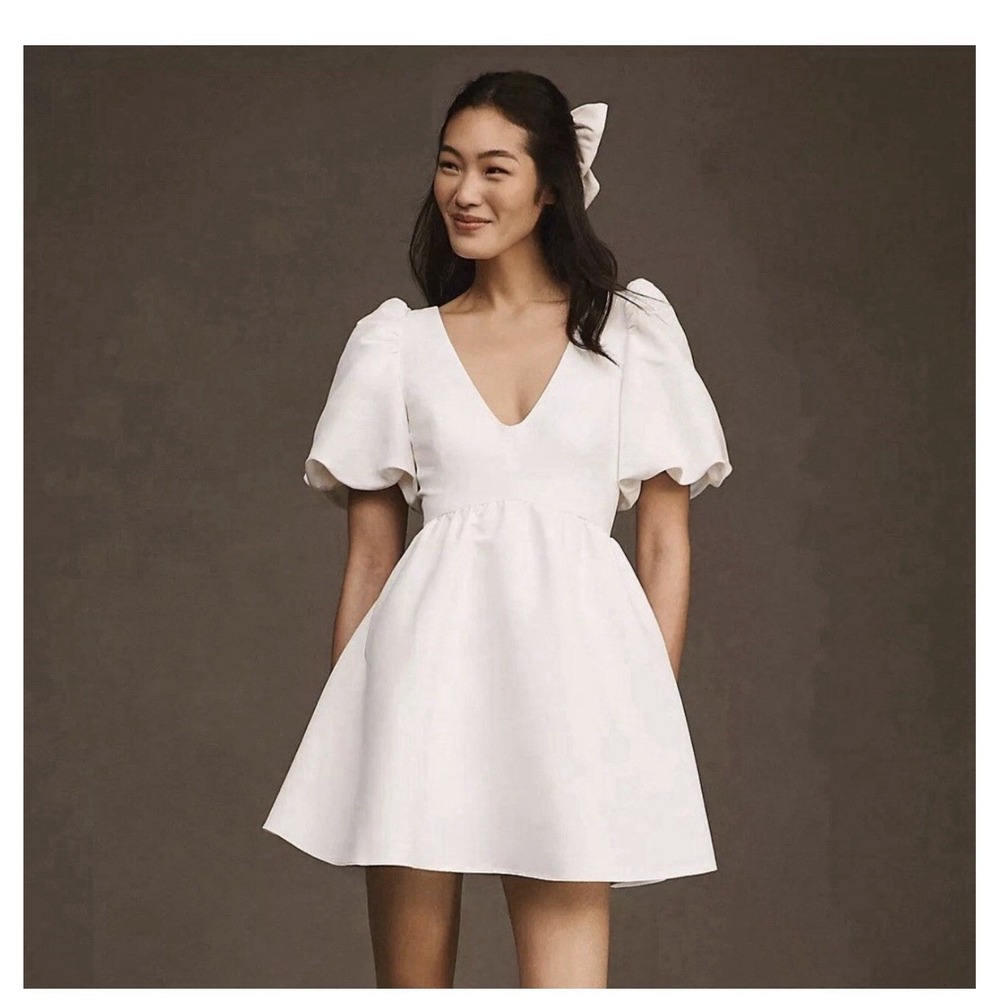 Sachin & Babi Beverly Puff-Sleeve Deep-V Mini Dress Size XS/Small White